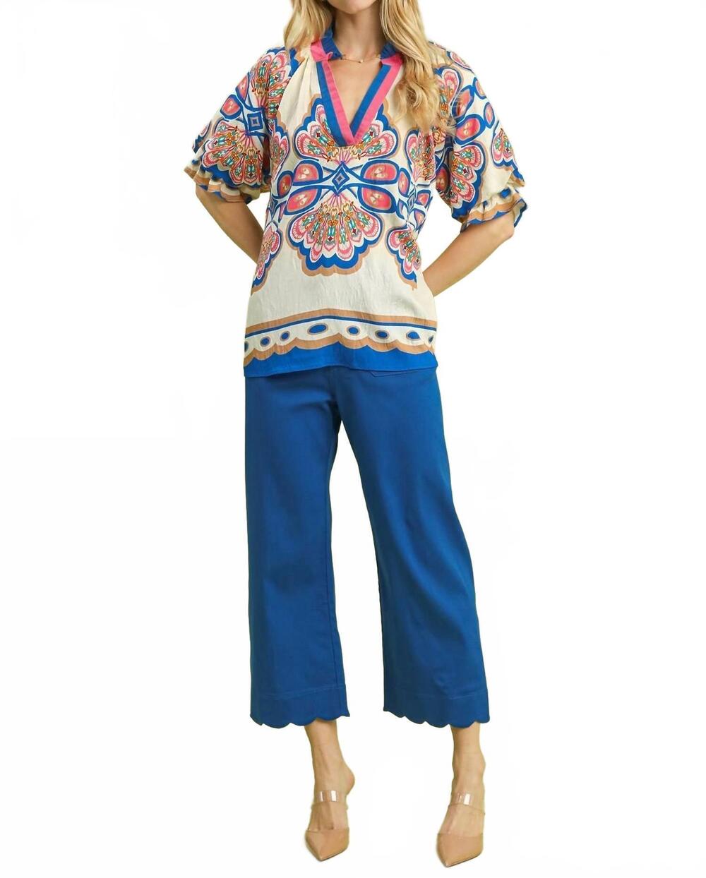 NEW UMGEE boho print v-neck top in ecru multi